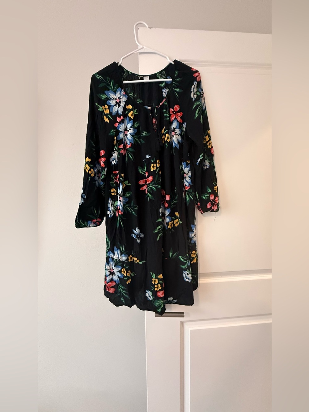 Old Navy Black Floral Long Sleeve Dress with Blue and Red Accents